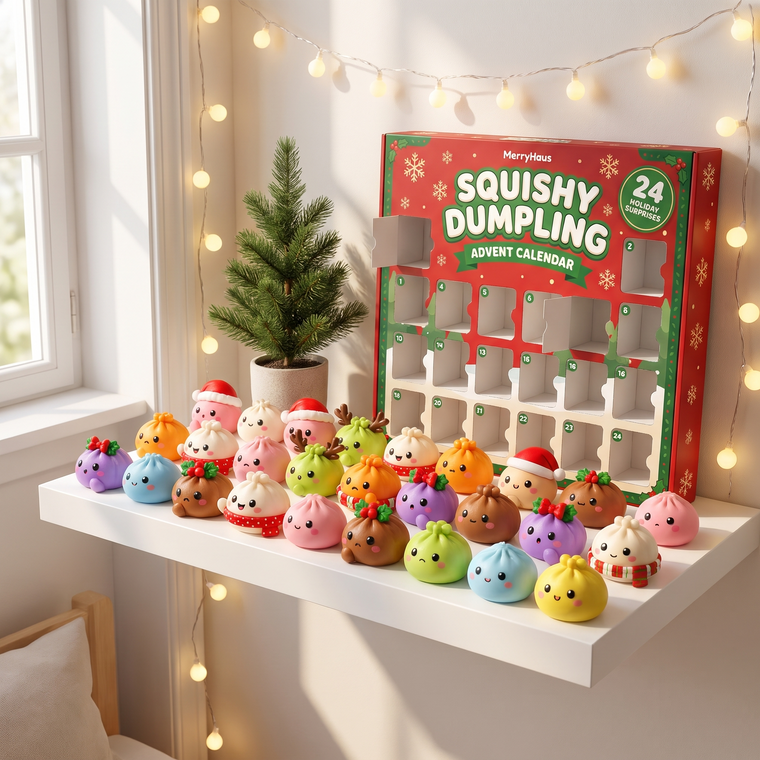 All 24 squishy dumplings lined up on a shelf