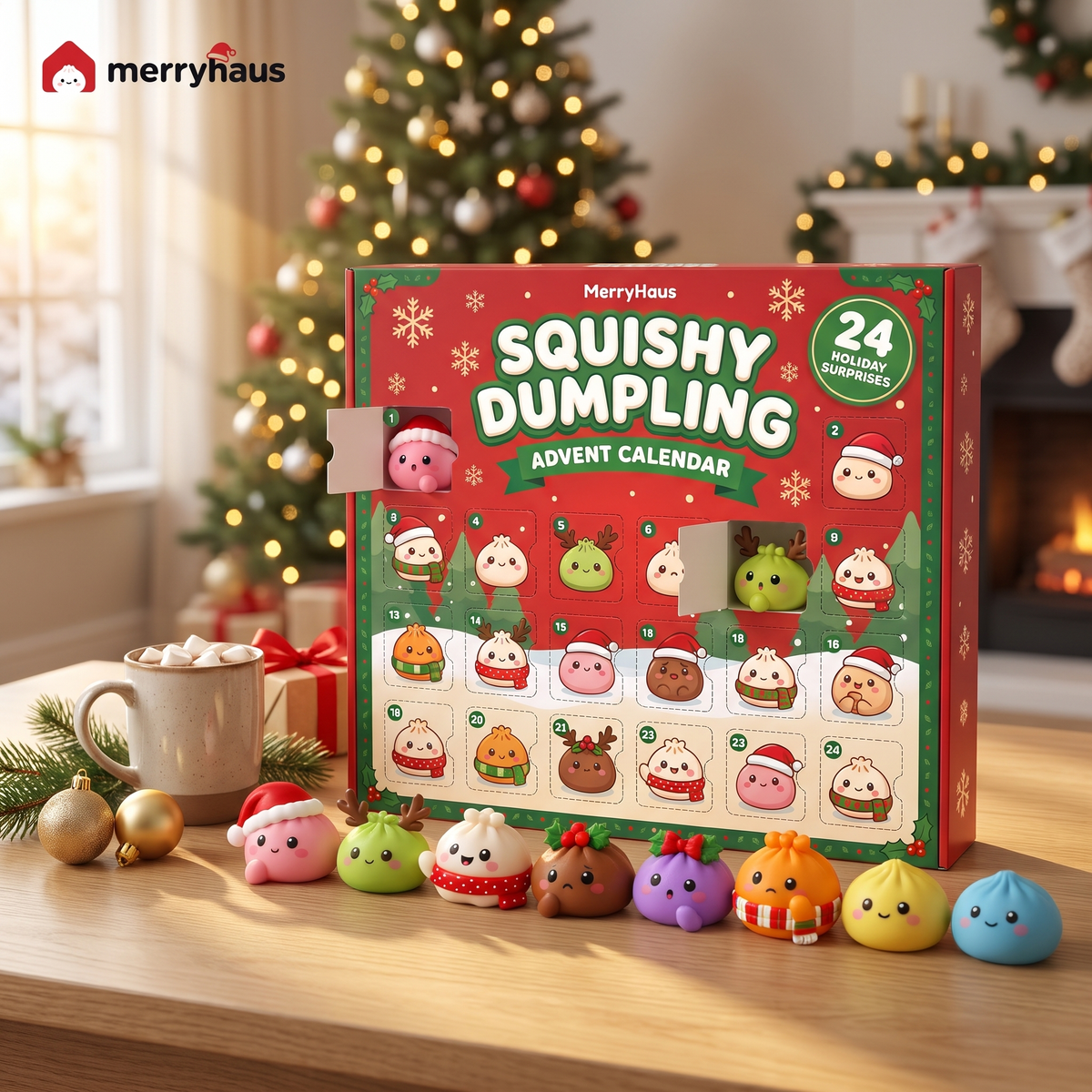 MerryHaus advent calendar on a Christmas morning table